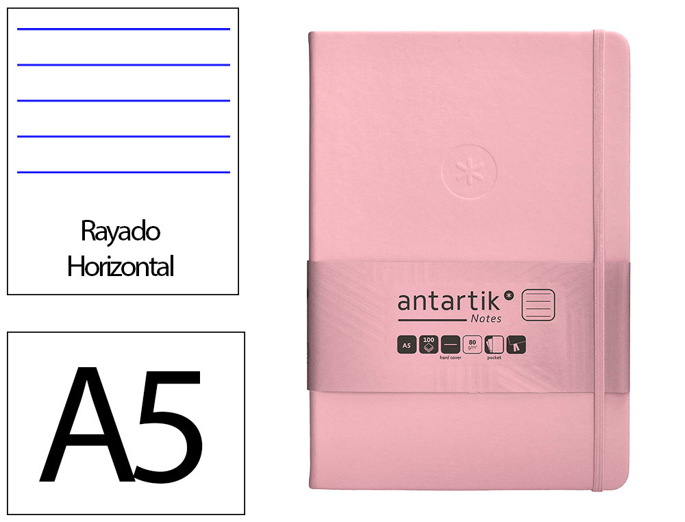 CUADERNO CON GOMILLA ANTARTIK NOTES TAPA DURA A5 HOJAS RAYAS ROSA PASTEL 100 HOJAS 80 GR FSC