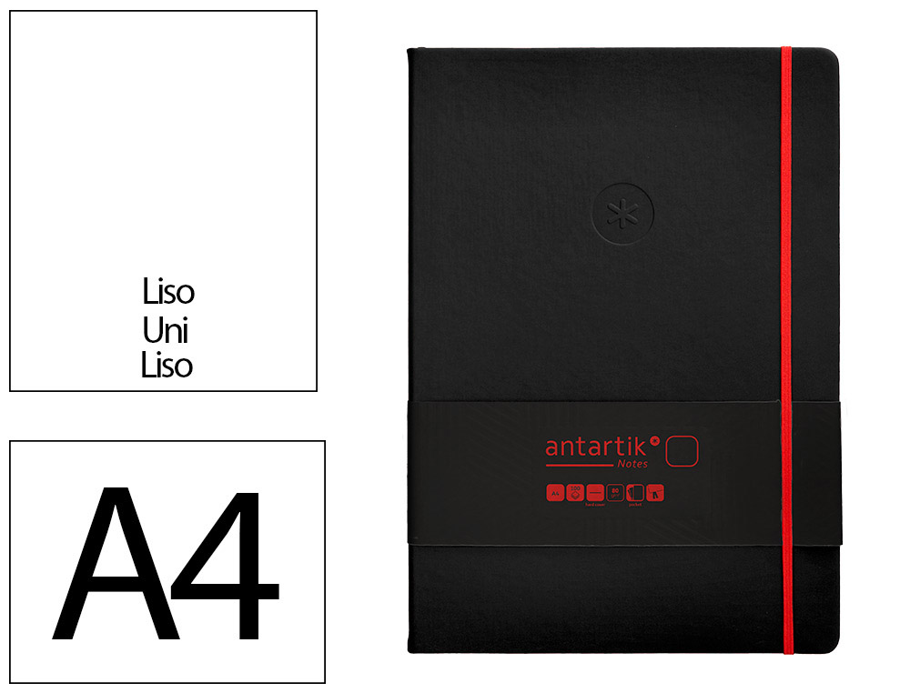 CUADERNO CON GOMILLA ANTARTIK NOTES TAPA DURA A4 HOJAS LISAS NEGRO Y ROJO 100 HOJAS 80 GR FSC