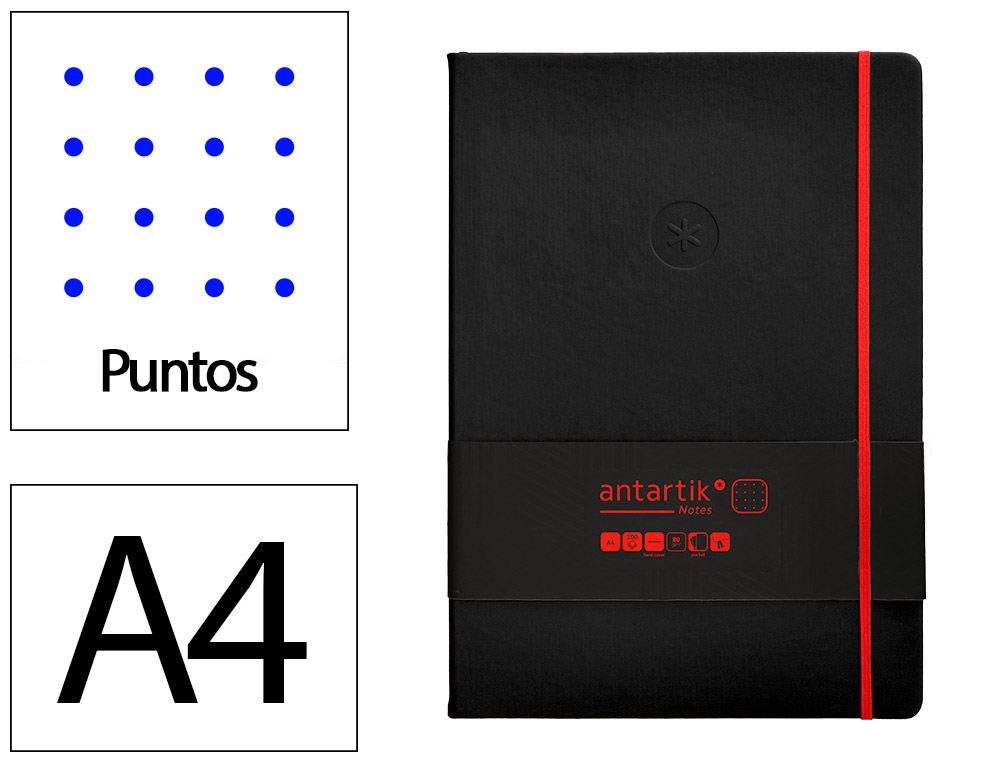 CUADERNO CON GOMILLA ANTARTIK NOTES TAPA DURA A4 HOJAS PUNTOS NEGRO Y ROJO 100 HOJAS 80 GR FSC