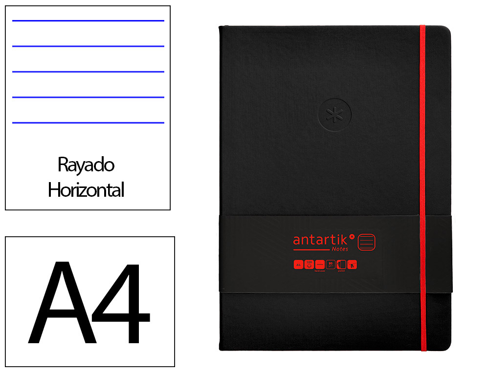CUADERNO CON GOMILLA ANTARTIK NOTES TAPA DURA A4 HOJAS RAYAS NEGRO Y ROJO 100 HOJAS 80 GR FSC