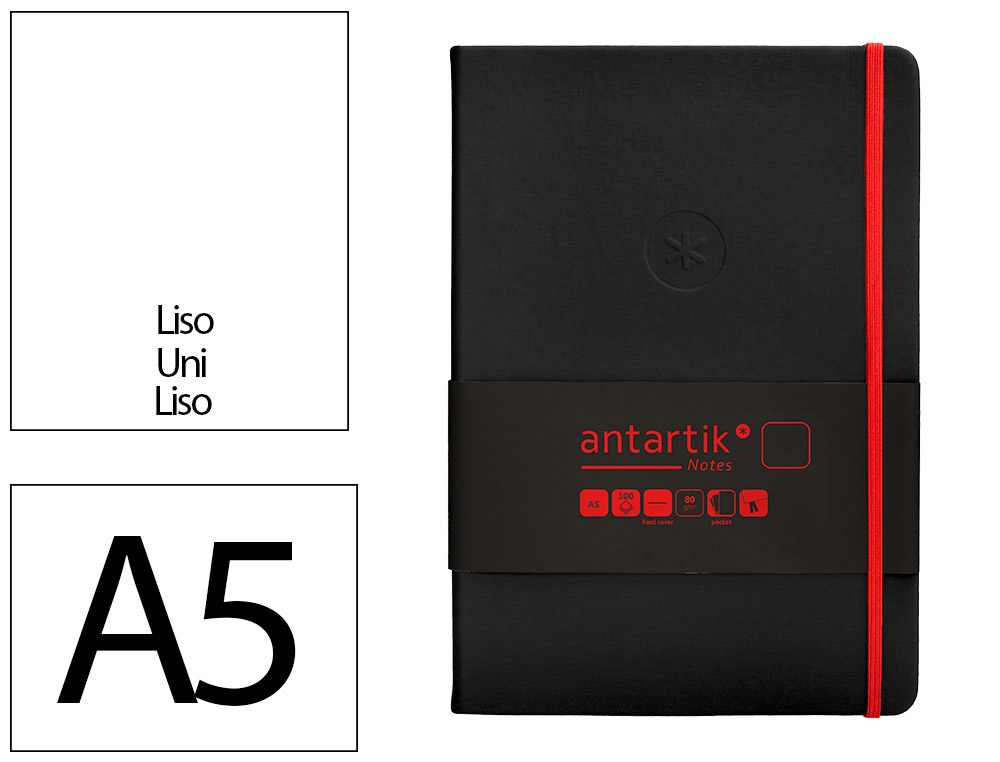 CUADERNO CON GOMILLA ANTARTIK NOTES TAPA DURA A5 HOJAS LISAS NEGRO Y ROJO 100 HOJAS 80 GR FSC