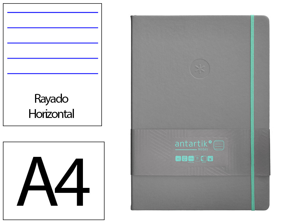 CUADERNO CON GOMILLA ANTARTIK NOTES TAPA DURA A4 HOJAS RAYAS GRIS Y TURQUESA 100 HOJAS 80 GR FSC