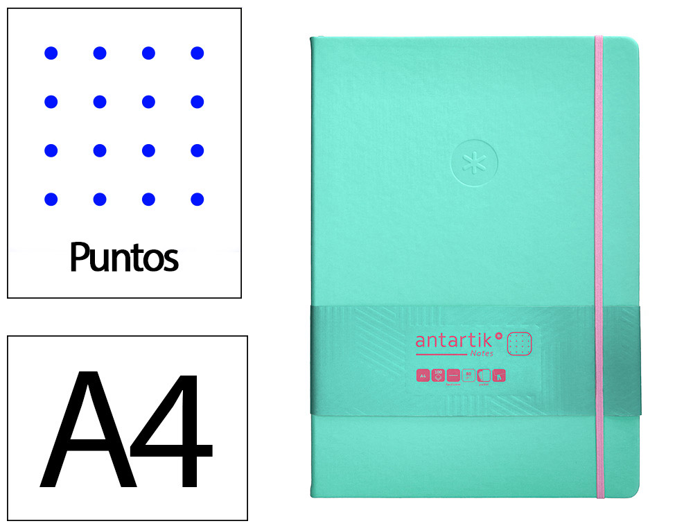 CUADERNO CON GOMILLA ANTARTIK NOTES TAPA DURA A4 HOJAS PUNTOS ROSA Y TURQUESA 100 HOJAS 80 GR FSC