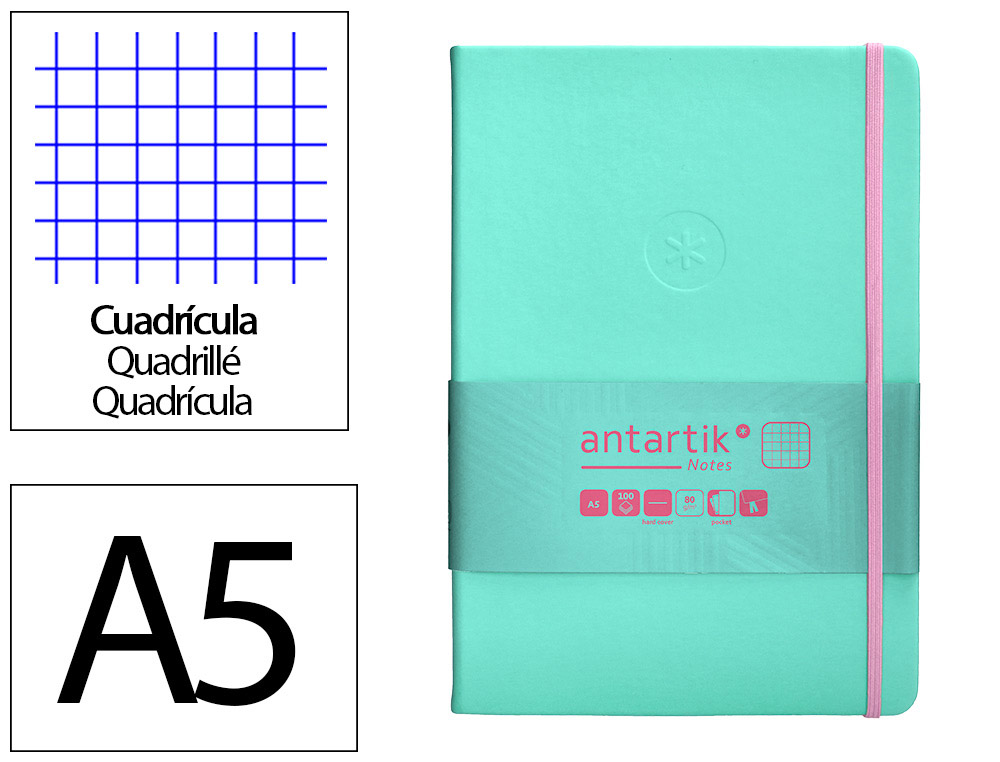 CUADERNO CON GOMILLA ANTARTIK NOTES TAPA DURA A5 HOJAS CUADRICULA ROSA Y TURQUESA 100 HOJAS 80 GR FSC