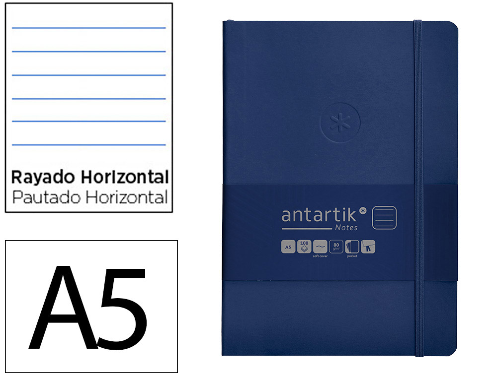 CUADERNO CON GOMILLA ANTARTIK NOTES TAPA BLANDA A5 HOJAS RAYAS AZUL MARINO 80 HOJAS 80 GR FSC