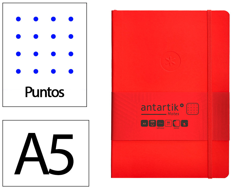 CUADERNO CON GOMILLA ANTARTIK NOTES TAPA BLANDA A5 HOJAS PUNTOS ROJO 80 HOJAS 80 GR FSC