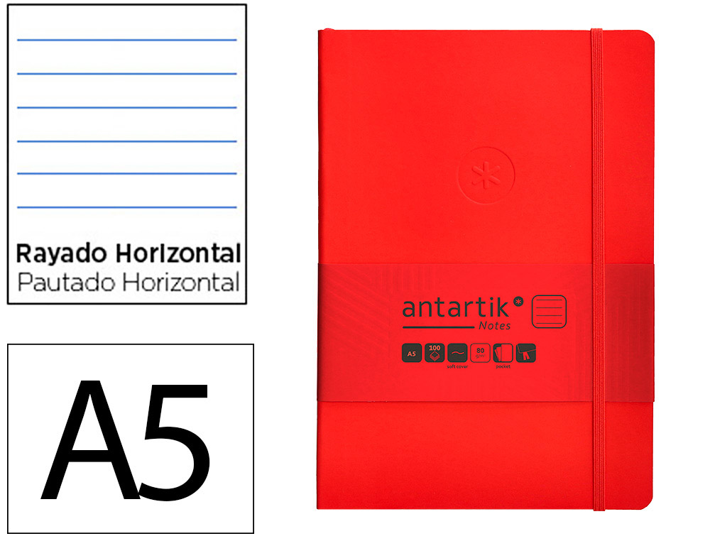 CUADERNO CON GOMILLA ANTARTIK NOTES TAPA BLANDA A5 HOJAS RAYAS ROJO 80 HOJAS 80 GR FSC