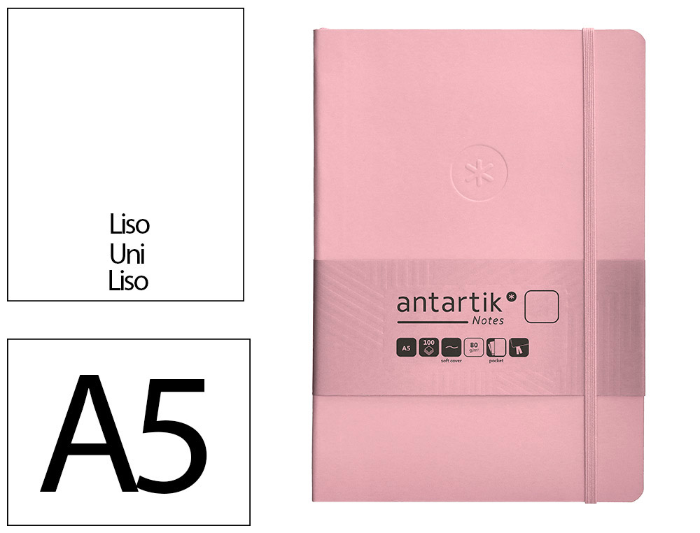 CUADERNO CON GOMILLA ANTARTIK NOTES TAPA BLANDA A5 HOJAS LISAS ROSA PASTEL 80 HOJAS 80 GR FSC