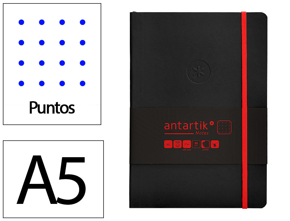 CUADERNO CON GOMILLA ANTARTIK NOTES TAPA BLANDA A5 HOJAS PUNTOS NEGRO Y ROJO 80 HOJAS 80 GR FSC