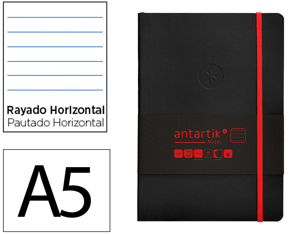 CUADERNO CON GOMILLA ANTARTIK NOTES TAPA BLANDA A5 HOJAS RAYAS NEGRO Y ROJO 80 HOJAS 80 GR FSC