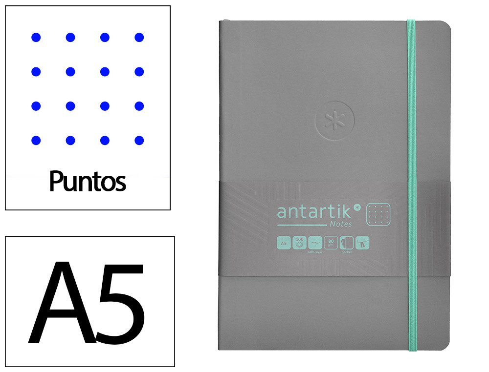 CUADERNO CON GOMILLA ANTARTIK NOTES TAPA BLANDA A5 HOJAS PUNTOS GRIS Y TURQUESA 80 HOJAS 80 GR FSC