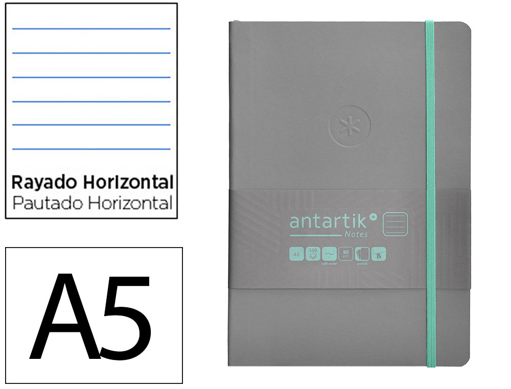 CUADERNO CON GOMILLA ANTARTIK NOTES TAPA BLANDA A5 HOJAS RAYAS GRIS Y TURQUESA 80 HOJAS 80 GR FSC