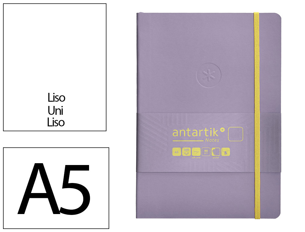 CUADERNO CON GOMILLA ANTARTIK NOTES TAPA BLANDA A5 HOJAS LISAS MORADO Y AMARILLO 80 HOJAS 80 GR FSC