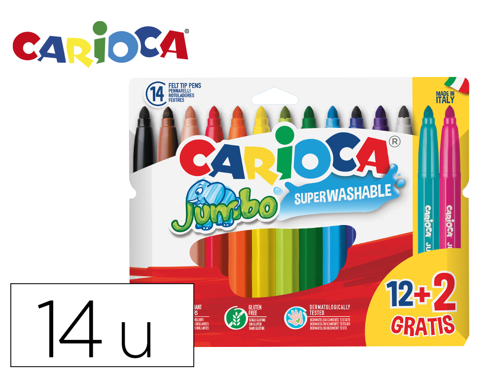ROTULADOR CARIOCA JUMBO PUNTA GRUESA ESTUCHE DE 12 UNIDADES COLORES SURTIDOS + 2 GRATIS