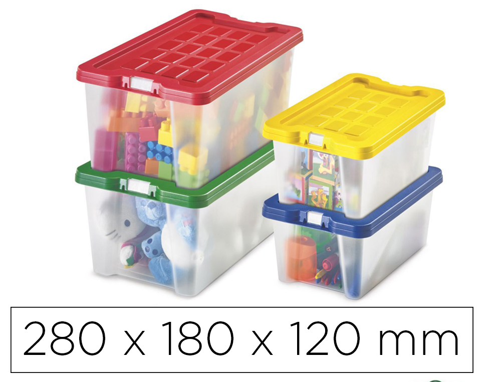 CAJA MULTIUSOS FAIBO TRANSPARENTE CON ASAS Y TAPA COLORES CAPACIDAD 4 L 280X180X120 MM
