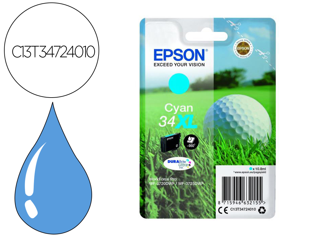 INK-JET EPSON WORK FORCE PRO WF-3720DWF/3725DWF CIAN 34XL DURABRITE ULTRA INK 950 PAGINAS