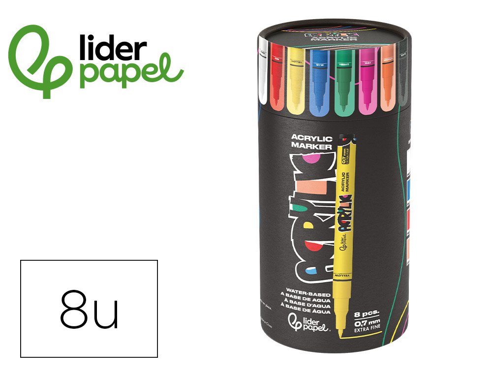 ROTULADOR LIDERPAPEL ACRYLIC BASE AGUA TODO TIPO DE SUPERFICIE PUNTA FINA 0,7 MM CAJA DE 8 UNIDADES COLORES