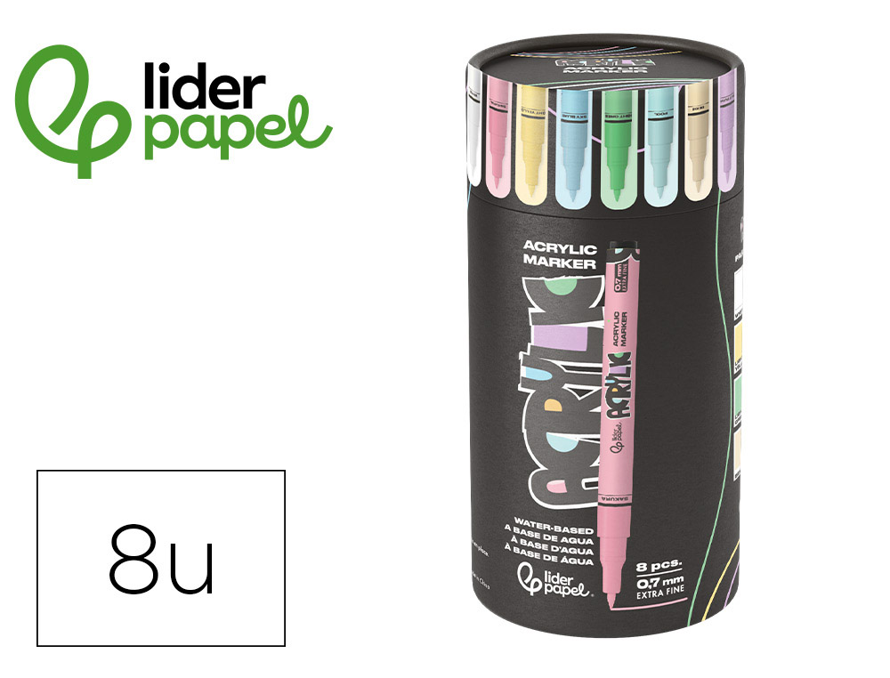 ROTULADOR LIDERPAPEL ACRYLIC BASE AGUA TODO TIPO DE SUPERFICIE PUNTA FINA 0,7 MM CAJA DE 8 UND COLORES PASTELES