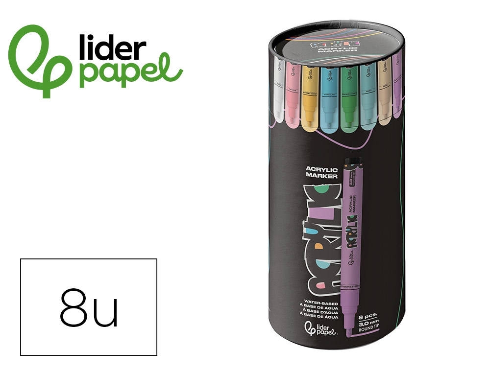 ROTULADOR LIDERPAPEL ACRYLIC BASE AGUA TODO TIPO DE SUPERFICIE PUNTA REDONDA 3MM CAJA DE 8 UNIDADES COLORES PASTEL