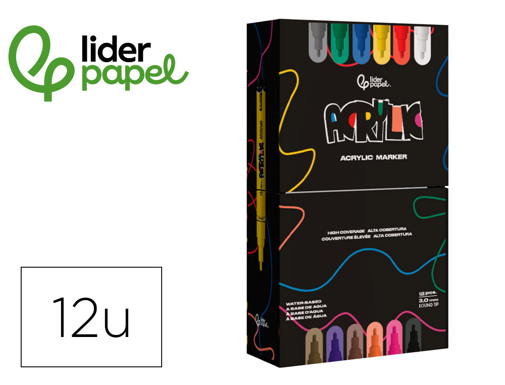 ROTULADOR LIDERPAPEL ACRYLIC BASE AGUA TODO TIPO DE SUPERFICIE PUNTA REDONDA 3 MM CAJA DE 12 UNIDADES COLORES