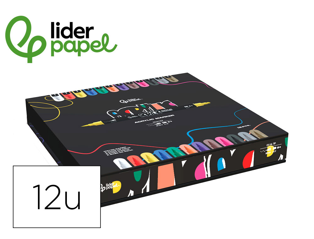 ROTULADOR LIDERPAPEL ACRYLIC BASE AGUA TODO TIPO DE SUPERFICIE DOBLE PUNTA PINCEL Y DOT CAJA DE 12 UNIDADES
