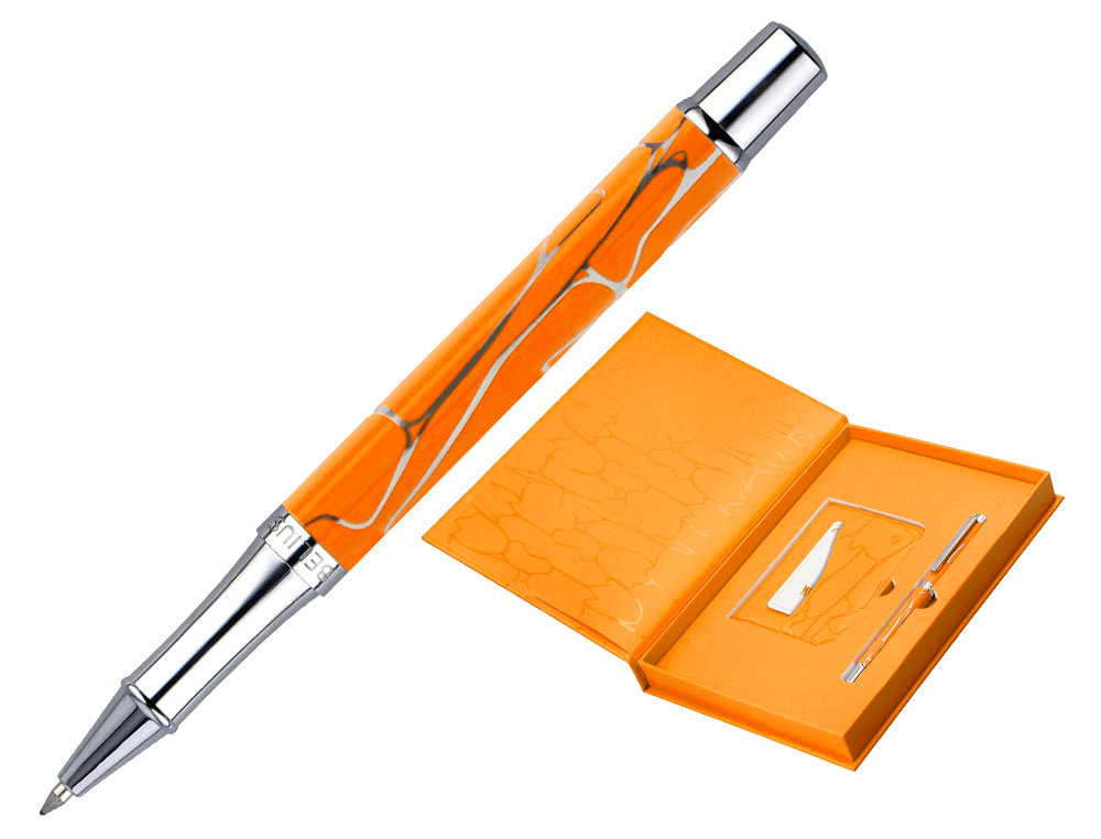 BOLIGRAFO Y WALLET BELIUS COCKTAILS MIMOSA ALUMINIO NARANJA PLATEADO RELIEVE TINTACOLOR AZUL CAJA DE DISEO