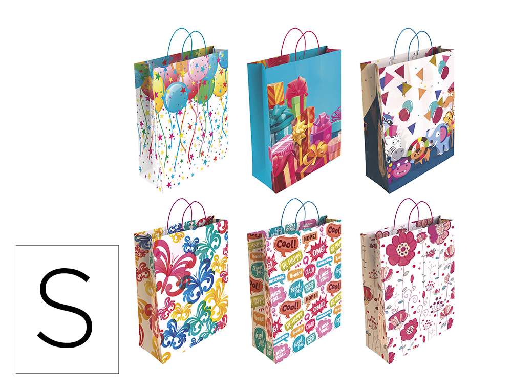 BOLSA PARA REGALO BASIKA PAPEL ESTUCADO 160 GR TODO AO CON ASA RETORCIDA TAMAO S 24+10X32 CM