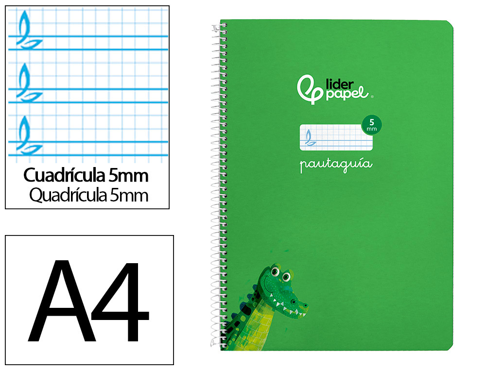 CUADERNO ESPIRAL LIDERPAPEL DIN A4 PAUTAGUIA TAPA DURA 80H 90 GR CUADRO PAUTADO 5MM COLOR VERDE