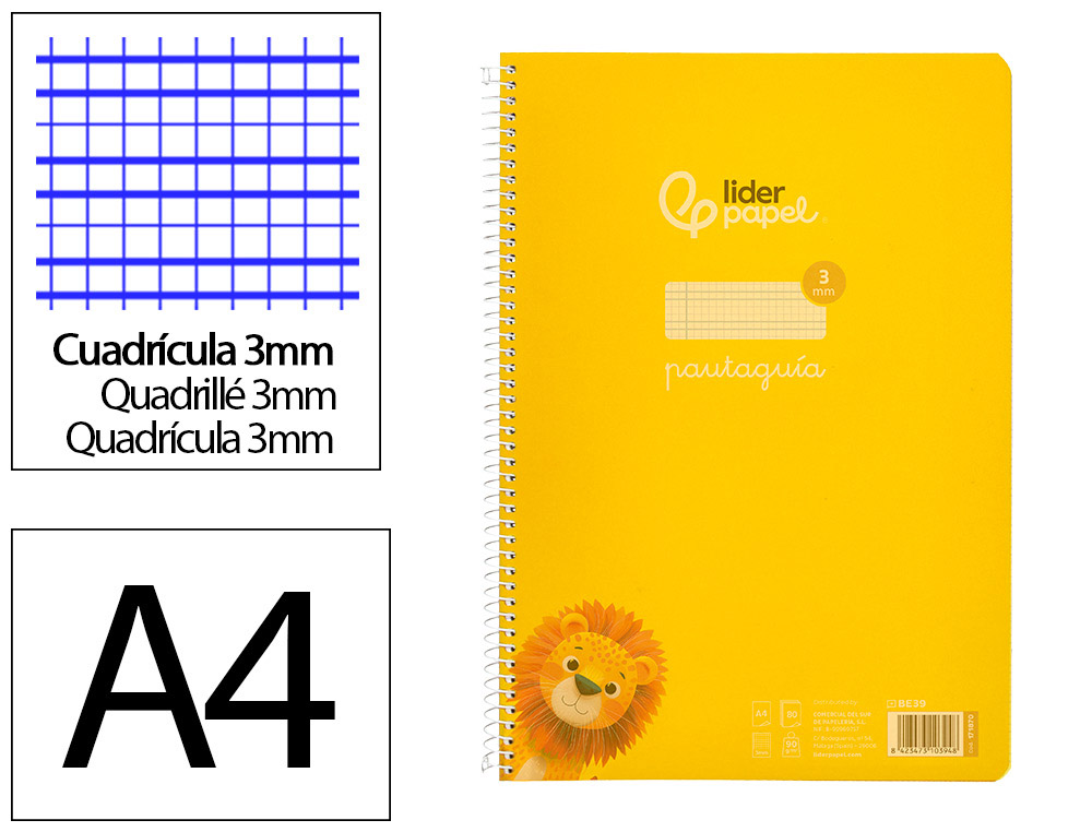 CUADERNO ESPIRAL LIDERPAPEL A4 PAUTAGUIA TAPA PLASTICO 80H 90GR CUADRO PAUTADO 3MM CON MARGEN COLOR AMARILLO