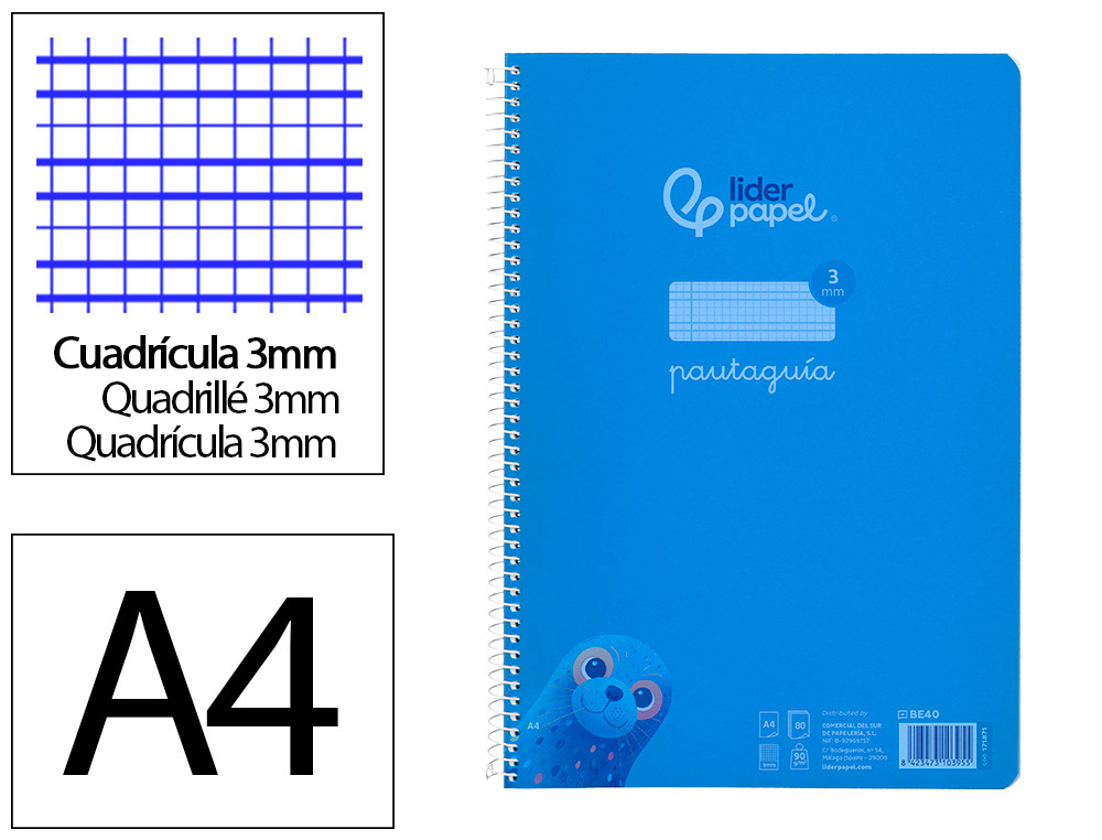 CUADERNO ESPIRAL LIDERPAPEL A4 PAUTAGUIA TAPA PLASTICO 80H 90GR CUADRO PAUTADO 3MM CON MARGEN COLOR AZUL