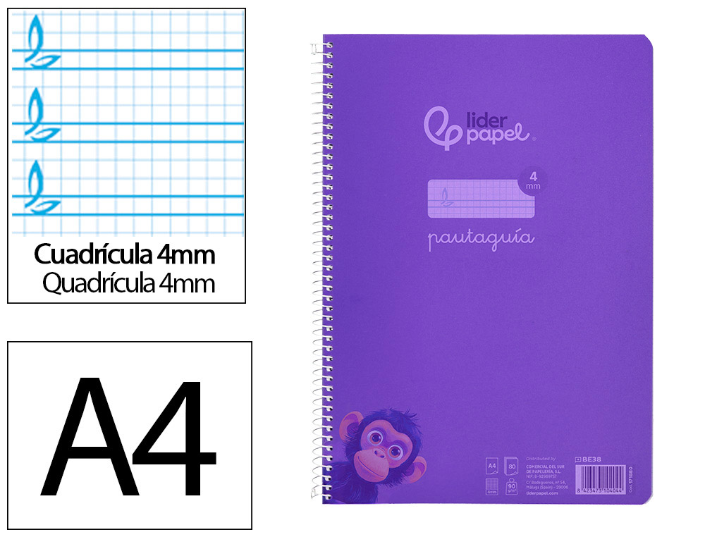CUADERNO ESPIRAL LIDERPAPEL A4 PAUTAGUIA TAPA PLASTICO 80H 90GR CUADRO PAUTADO 4MM CON MARGEN COLOR LILA