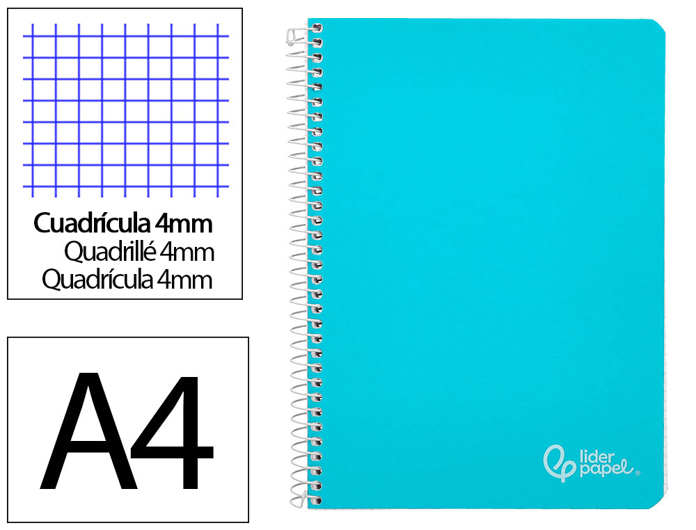 CUADERNO ESPIRAL LIDERPAPEL A4 WITTY TAPA DURA 80H 90GR CUADRO 4MM CON MARGEN COLOR CELESTE