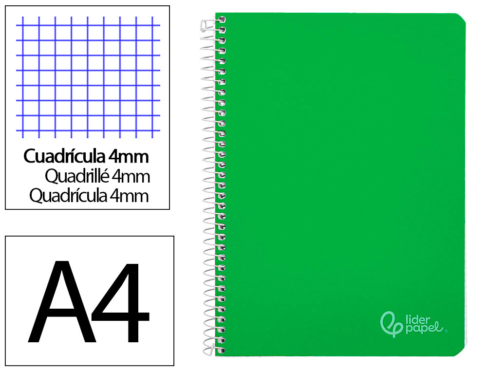 CUADERNO ESPIRAL LIDERPAPEL A4 WITTY TAPA DURA 80H 90GR CUADRO 4MM CON MARGEN COLOR VERDE