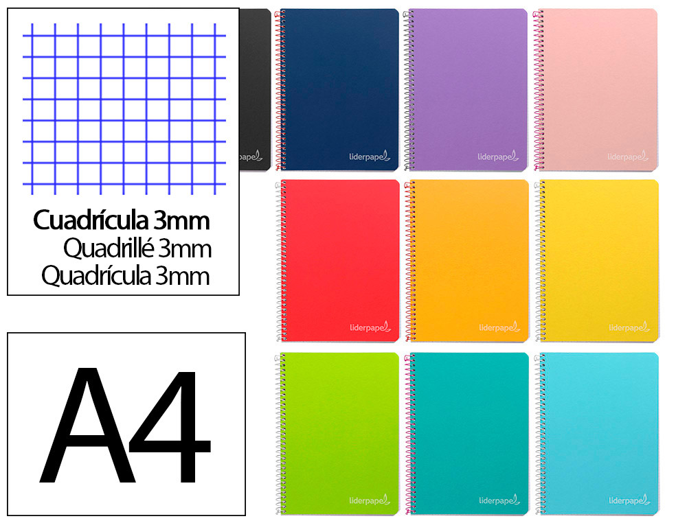 CUADERNO ESPIRAL LIDERPAPEL A4 WITTY TAPA DURA 80H 90GR CUADRO 3MM CON MARGEN COLORES SURTIDOS