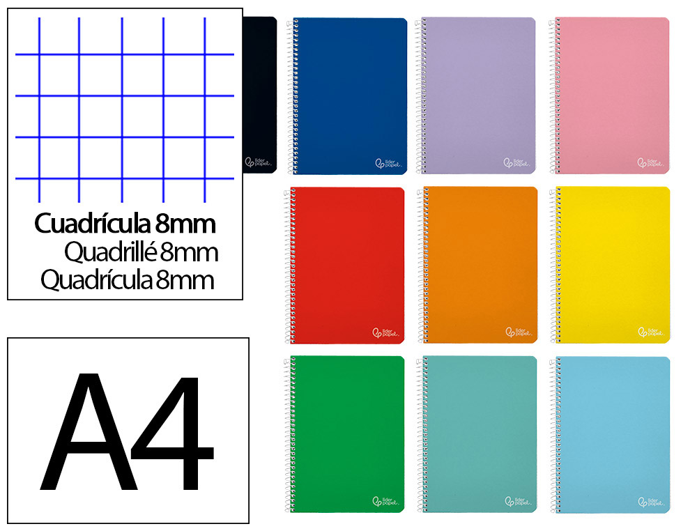 CUADERNO ESPIRAL LIDERPAPEL A4 WITTY TAPA DURA 80H 90GR CUADRO 8MM CON MARGEN COLORES SURTIDOS