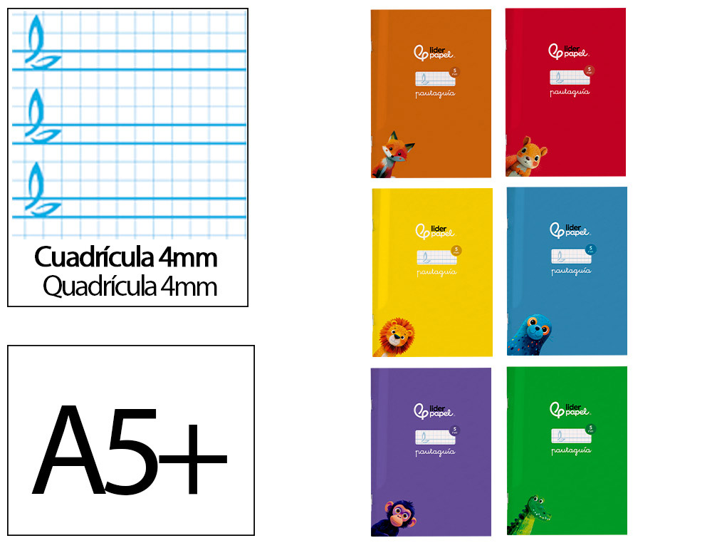 LIBRETA LIDERPAPEL PAUTAGUIA TAPA CARTONCILLO 32H A5+ 75GR CUADRICULADO PAUTADO 4MM CON MARGEN 6 COLORES SURTIDOS