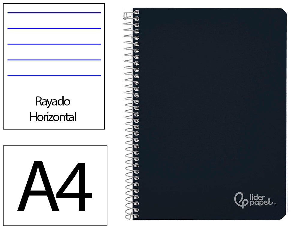 CUADERNO ESPIRAL LIDERPAPEL A4 WITTY TAPA DURA 80H 90GR RAYADO HORIZONTAL CON MARGEN COLOR NEGRO
