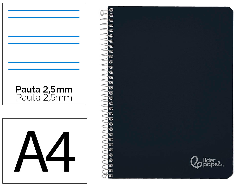 CUADERNO ESPIRAL LIDERPAPEL A4 WITTY TAPA DURA 80H 90GR PAUTA 2,5MM CON MARGEN COLOR NEGRO