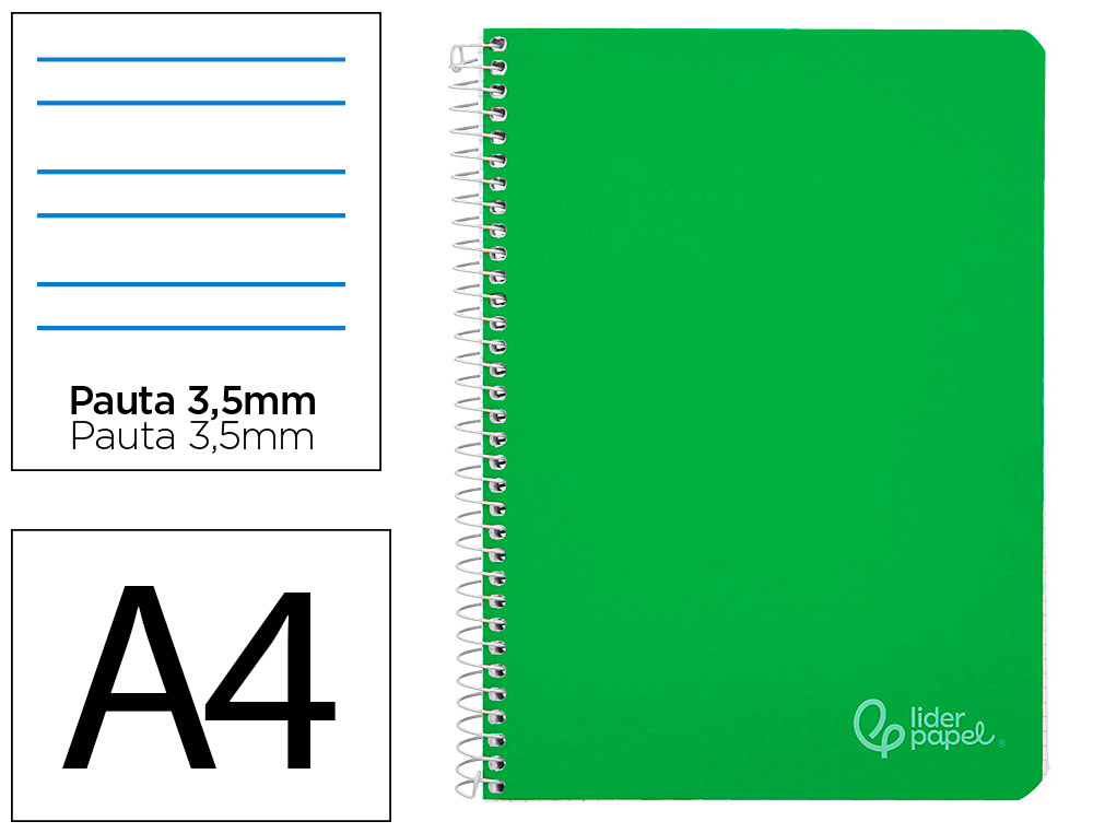 CUADERNO ESPIRAL LIDERPAPEL A4 WITTY TAPA DURA 80H 90GR PAUTA 3,5MM CON MARGEN COLOR VERDE