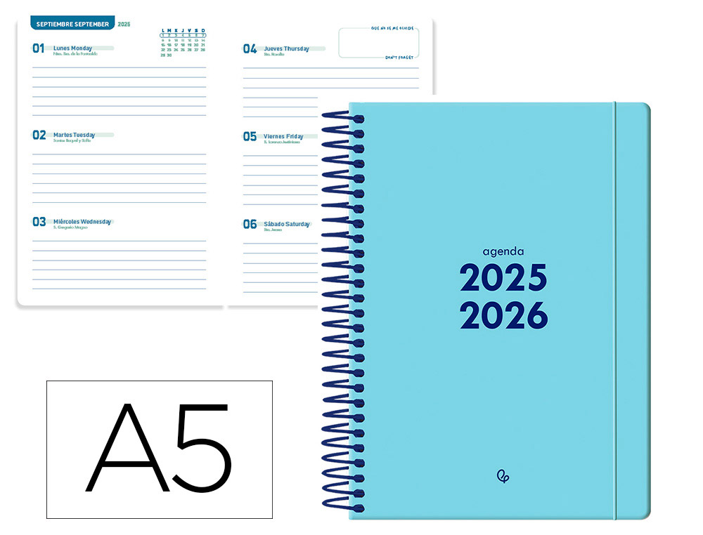AGENDA ESCOLAR LIDERPAPEL 25-26 ESPIRAL BASIC AZUL SEMANA VISTA A5 BILINGE PAPEL FSC 70 GR