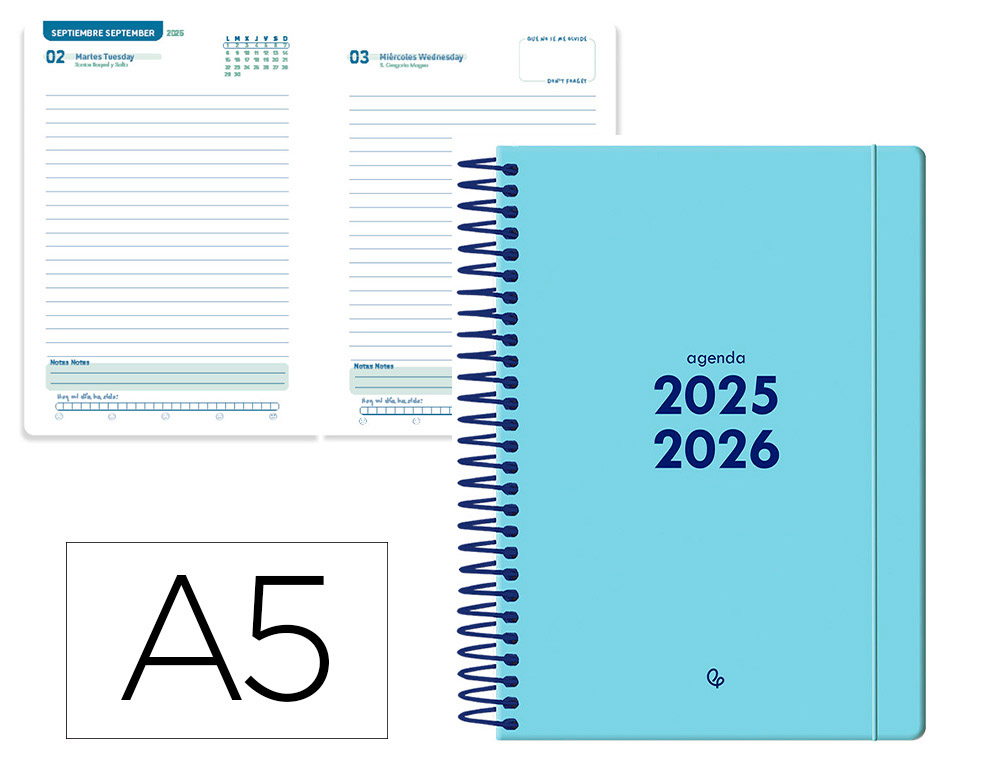 AGENDA ESCOLAR LIDERPAPEL 25-26 ESPIRAL BASIC AZUL DIA PAGINA A5 BILINGE PAPEL FSC 70 GR