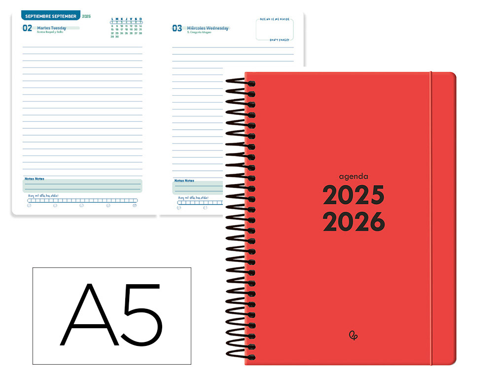 AGENDA ESCOLAR LIDERPAPEL 25-26 ESPIRAL BASIC ROJO DIA PAGINA A5 BILINGE PAPEL FSC 70 GR