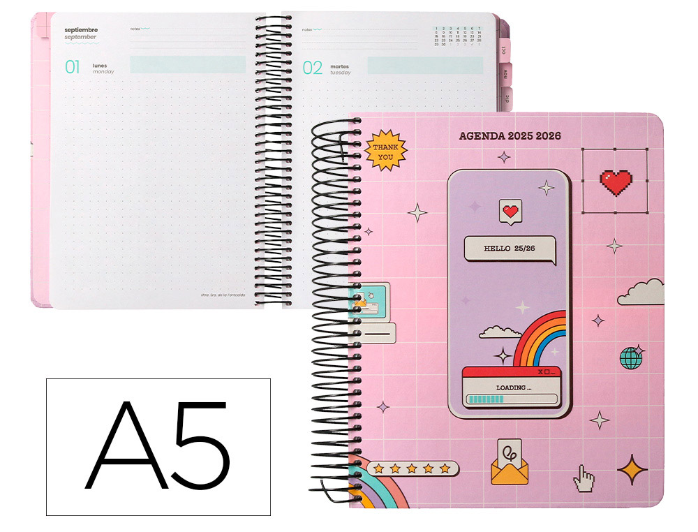 AGENDA ESCOLAR LIDERPAPEL 25-26 ESPIRAL PIXEL ROSA DIA PAGINA A5 BILINGE PAPEL FSC 80 GR