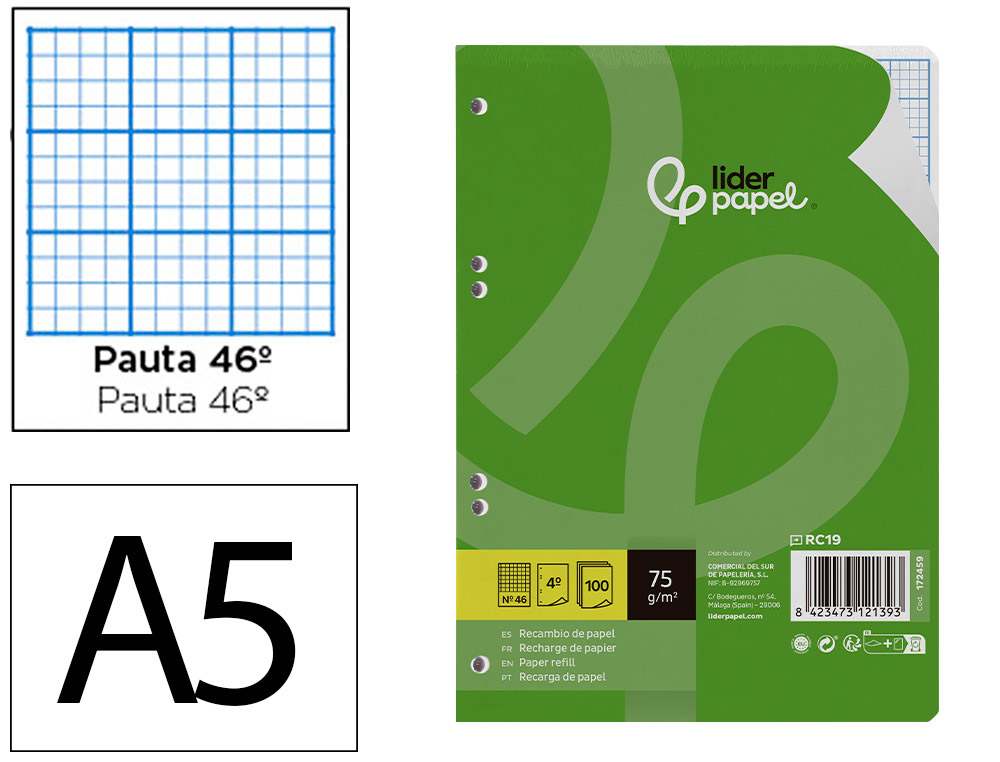 RECAMBIO LIDERPAPEL DIN A5 100 HOJAS 75G/M2 RAYADO N 46 6 TALADROS