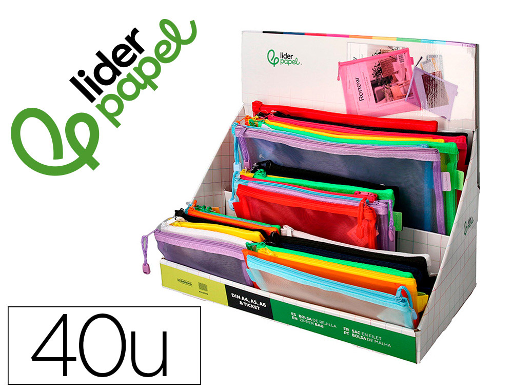 BOLSA ZIPPER BAG LIDERPAPEL POLIESTER TRANSPIRABLE MULTIUSOS EXPOSITOR DE 40 UNIDADES TAMAOS Y COLORES