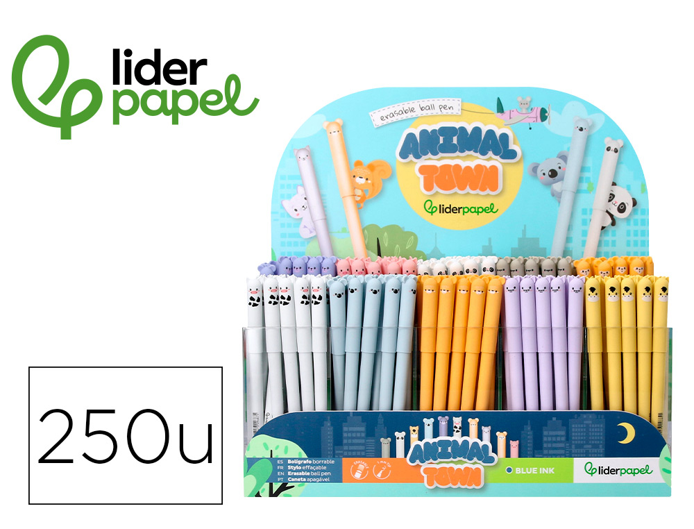 BOLIGRAFO FANTASIA LIDERPAPEL ANIMAL TOWN TINTA AZUL BORRABLE PUNTA 1 MM EXPOSITOR DE 250 UNIDADES 300X138X292 MM