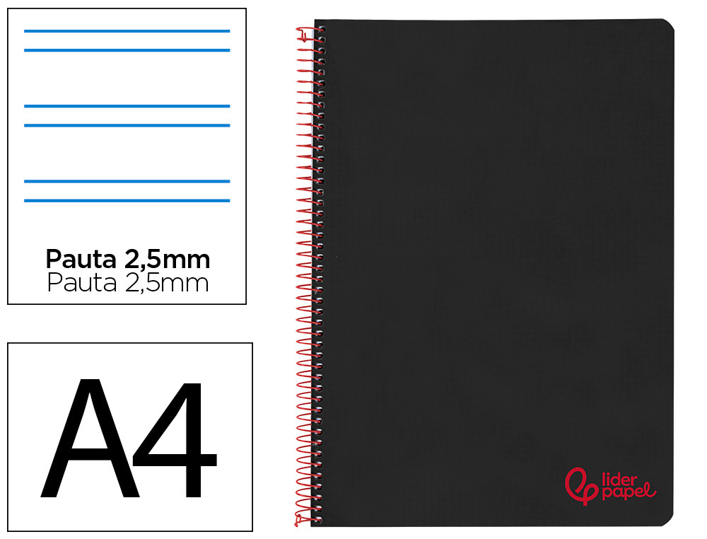 CUADERNO ESPIRAL LIDERPAPEL A4 WONDER TAPA PLASTICO 80H 90GR PAUTA ESTRECHA 2,5MM CON MARGEN COLOR NEGRO