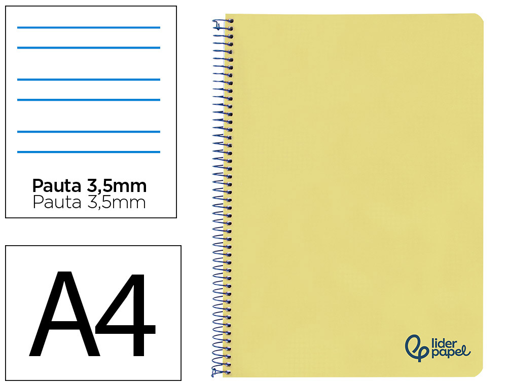 CUADERNO ESPIRAL LIDERPAPEL A4 WONDER TAPA PLASTICO 80H 90GR PAUTA ANCHA 3,5MM CON MARGEN COLOR AMARILLO