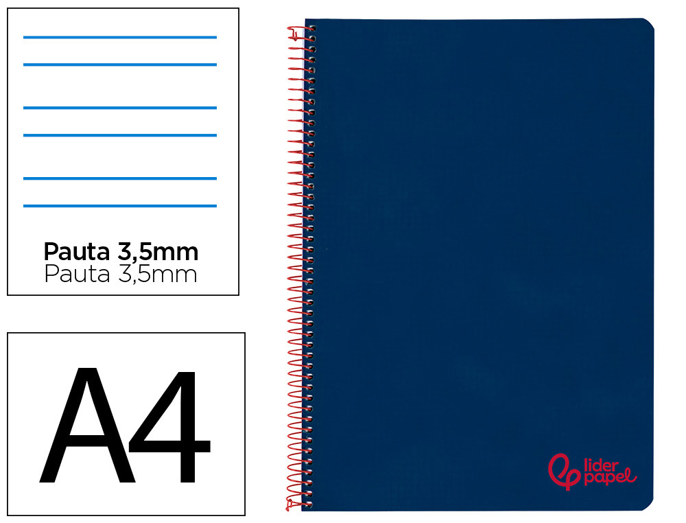 CUADERNO ESPIRAL LIDERPAPEL A4 WONDER TAPA PLASTICO 80H 90GR PAUTA ANCHA 3,5MM CON MARGEN COLOR AZUL MARINO