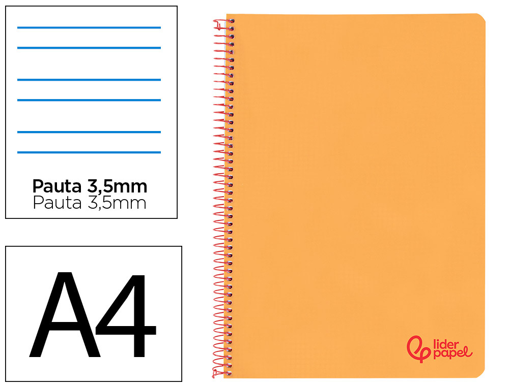 CUADERNO ESPIRAL LIDERPAPEL A4 WONDER TAPA PLASTICO 80H 90GR PAUTA ANCHA 3,5MM CON MARGEN COLOR NARANJA
